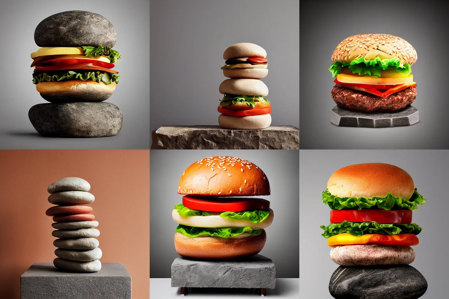 Prompt: stacked stone sculpture of a hamburger. gallery photograph, indoor lighting