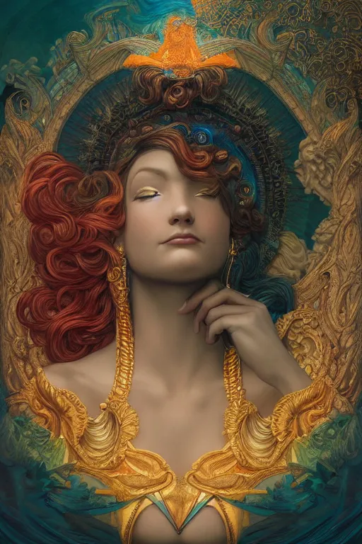 Image similar to portrait of a beautiful goddess by artgerm, mandala, rococo, vivid color, complementary color, golden ratio, detailed, sharp lines, sharp focus, intricate, rainbowshift, by maxfield parrish, by peter mohrbacher, by gustave dore, by alphonse mucha, deviantart, octane render