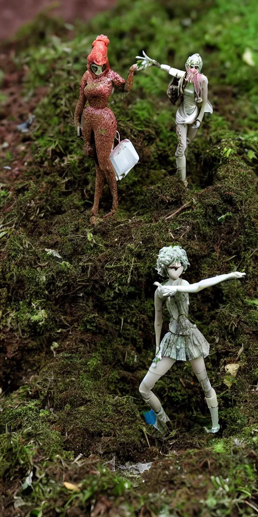 Image similar to plastic princess figure diorama in dirt and moss, secondhand, mcfarlane, cursed photography, middle shot by kazuma kaneko