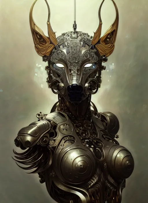 Prompt: organic cyborg, wolf mask, diffuse lighting, fantasy, intricate, elegant, highly detailed, lifelike, photorealistic, digital painting, artstation, illustration, concept art, smooth, sharp focus, art by John Collier and Albert Aublet and Krenz Cushart and Artem Demura and Alphonse Mucha