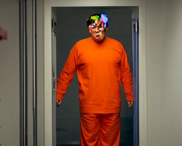 Image similar to donald trump wearing orange prison clothes locked up in an asylum, cinematic masterpiece, octane, dramatic lighting, very detailed