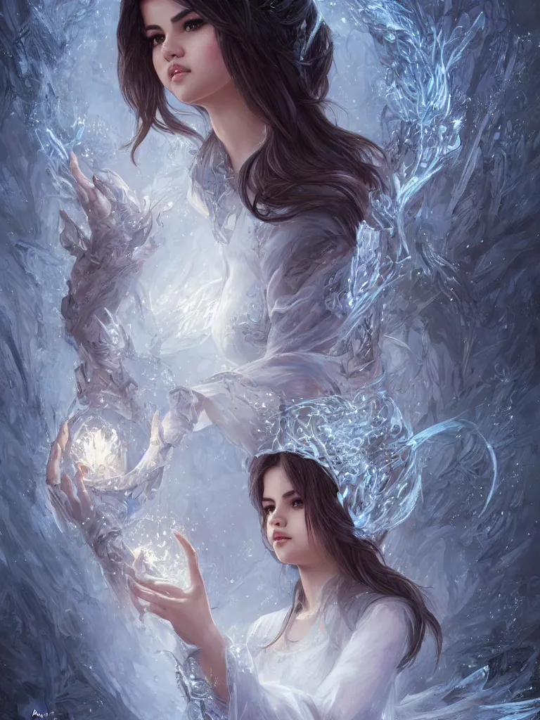 Image similar to Selena Gomez casting an frost spell, D&D, fantasy, intricate, elegant, highly detailed, digital painting, artstation, concept art, matte, sharp focus, illustration, hearthstone, art by Artgerm and Greg Rutkowski and Alphonse Mucha