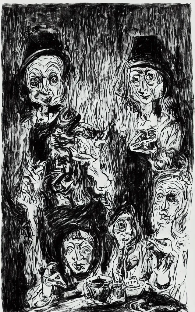 Prompt: a seance conducted by two old women, candle light, ghosts, ominous, by federico fellini