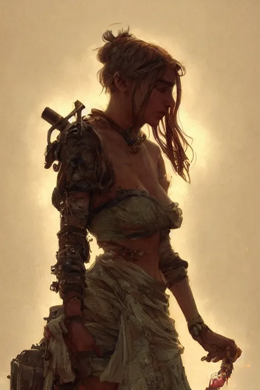 Prompt: a full body portrait of a beautiful post apocalyptic offworld enchanters district bedouin blind pulp fiction scarlet wild rogue barbarian leper begging by the roadside, intricate, elegant, highly detailed, digital painting, artstation, concept art, smooth, sharp focus, illustration, art by krenz cushart and artem demura and alphonse mucha