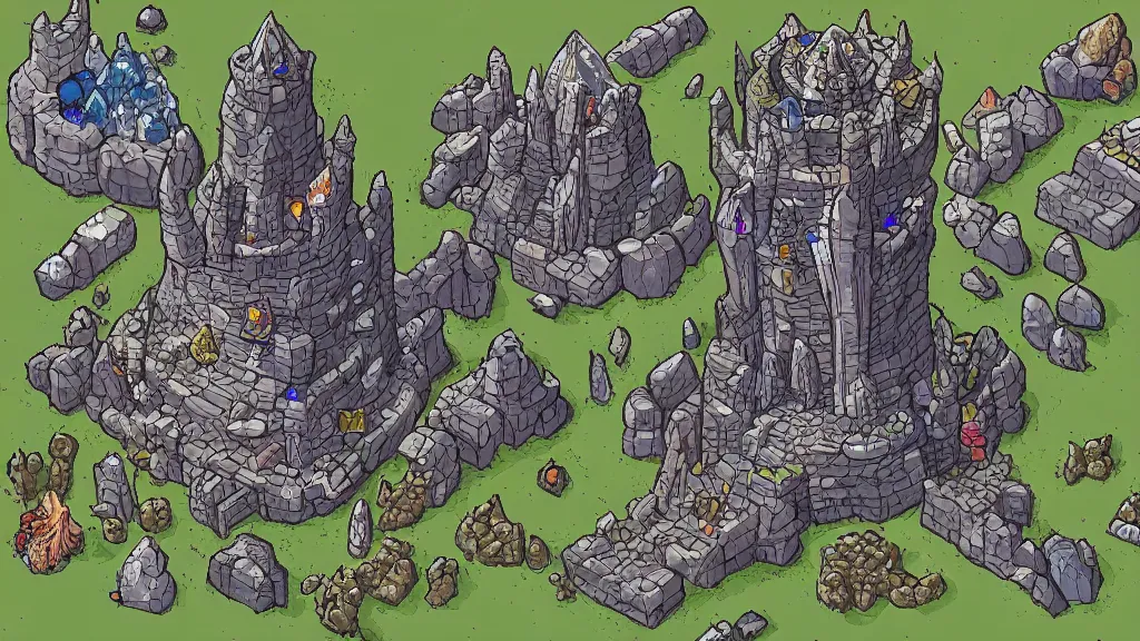 Prompt: Aerial view of a wizard tower surrounded by different kinds of gem mines and ominous caves, lineart, colored