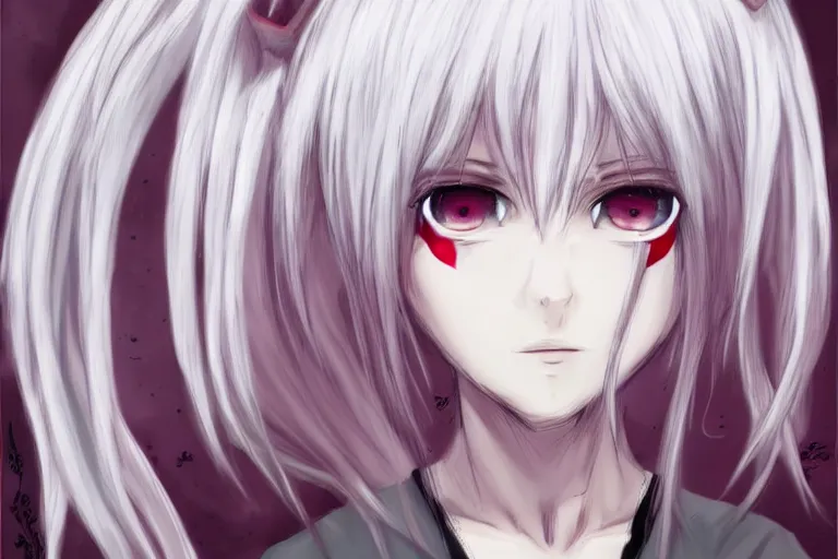 Image similar to white hair, red eyes, two small horns on the head, anime style, anime girl, sketch