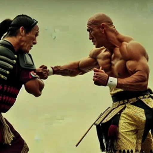 Image similar to Samurai John Cena vs samurai the rock , a film still