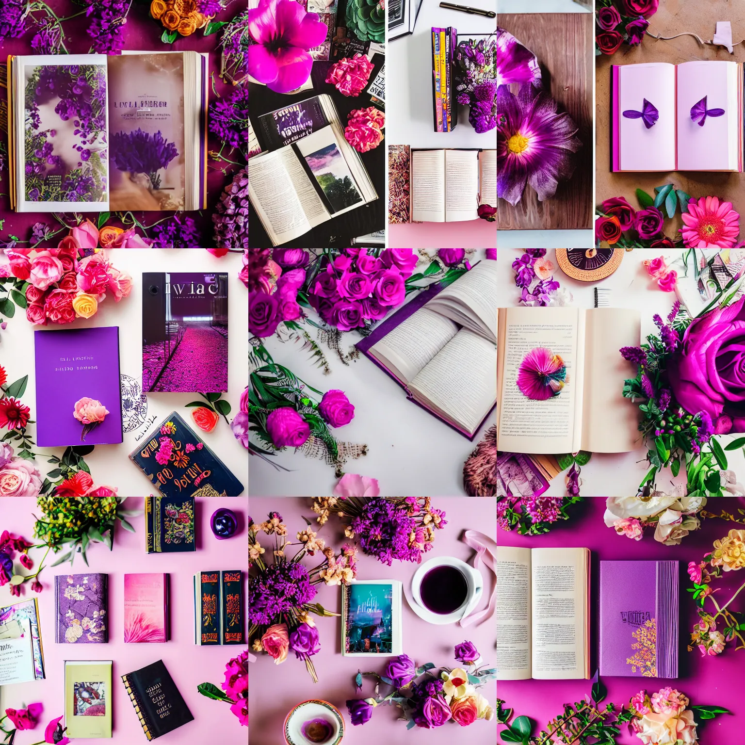 Prompt: flatlay book collection, vivid colors, dramatic lighting, pink and purple flowers