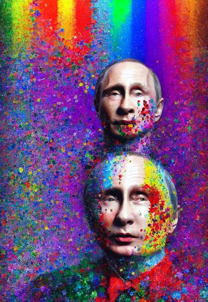 Prompt: a highly detailed portrait of Vladimir Putin as a colorful clown, gay pride flag background, intricate, digital painting, old english, particles floating, whimsical background by marc simonetti, John Singer Sargent style, masterpiece, stunning