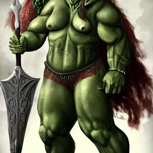 Image similar to thorkana orc woman with human features in her 5 0's, legendary soldier, high rank, mother of two boys, loving, happy, fierce, symmetrical face, green skin, dark hair with some grey, giant axe on her back, chest up portrait, dungeon's and dragon's, dark souls boss