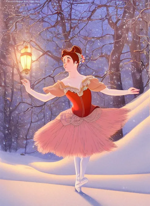 Prompt: well - lit art nouveau portrait of a 1 3 - year old ballet girl dancing in the snow, natural lighting, path traced, highly detailed, high quality, cartoon, digital painting, by don bluth and ross tran and studio ghibli