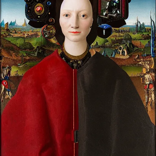 Image similar to a portrait of cyborg princess jacked into a man-machine interface by Jan van Eyck