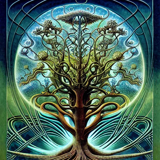 Image similar to tree of life by roger dean and andrew ferez, art forms of nature by ernst haeckel, divine chaos engine, symbolist, visionary, art nouveau, botanical fractal structures, lightning, surreality, lichtenberg figure