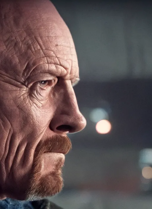 Image similar to a close - up, color cinema film still of walter white in blade runner 2 0 4 9, cinematic lighting at night.