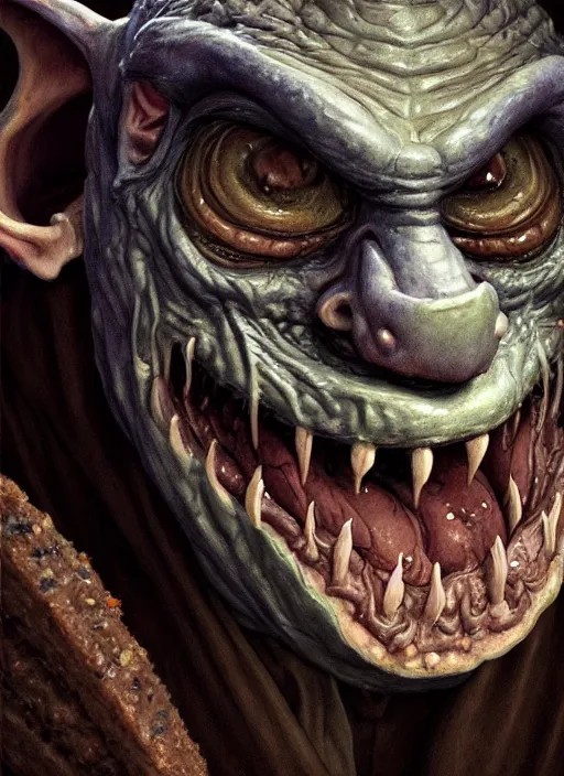 Image similar to closeup profile face portrait of a medieval goblin eating cakes in the cloisters, beautiful face, hyper realistic, highly detailed, digital painting, artstation, illustration, concept art by hyung tae, frank frazetta, bosch, giger, digital paint, matte paint, washed colors, dark, gloomy