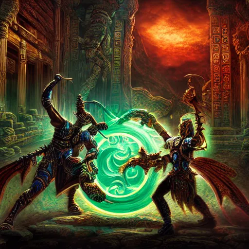 Prompt: fantasy sci fi characters fight in ancient temple, dark semi - vibrant colors, action scene, 8 k, lumen reflections, sharpened, insanely detailed and intricate, hypermaximalist, elegant, ornate, hyper realistic, super detailed, digital art, green