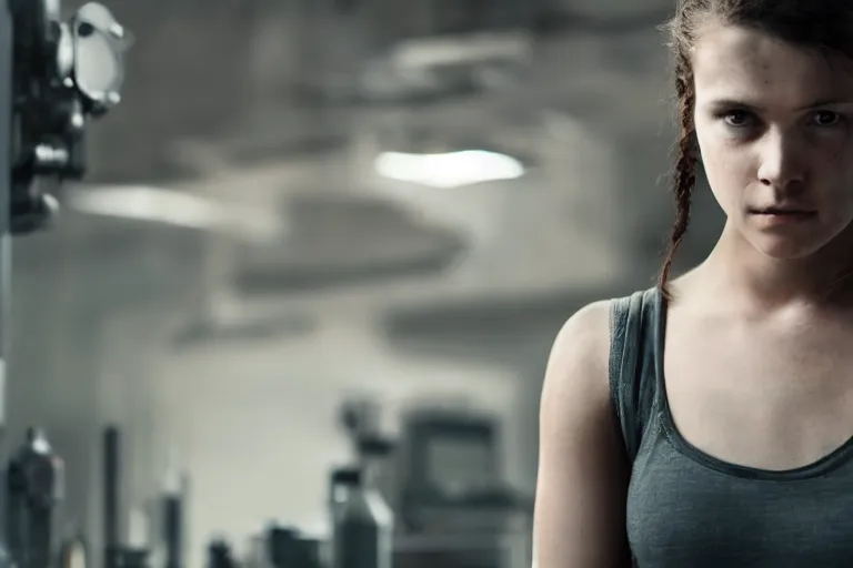 Image similar to promotional image from a dystopian sci - fi movie, a young woman wearing a dirty tank top, in a dark dystopian lab, muted colors, very dark, medical equipment, 8 k, cinematic, dramatic lighting, very detailed face, movie still frame, promotional image, imax 7 0 mm footage