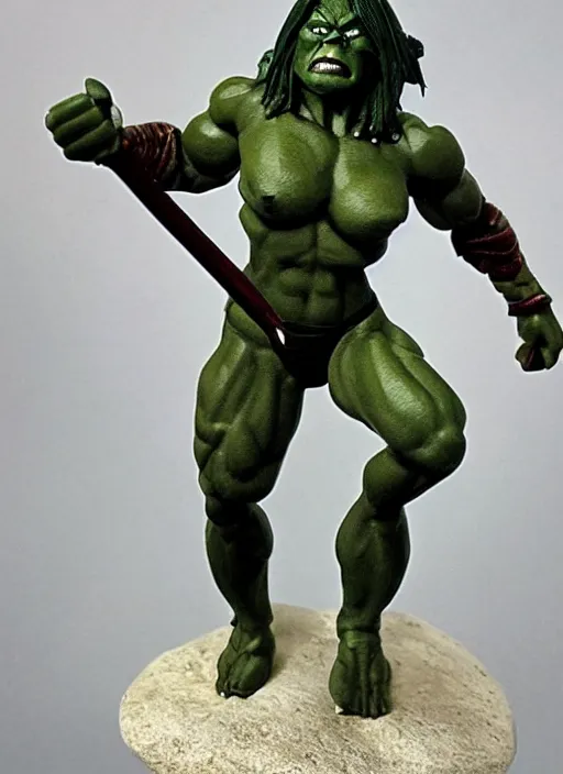 Prompt: Image on the store website, eBay, Detailed Miniature of a muscular female Orc Warrior with dark green skin .