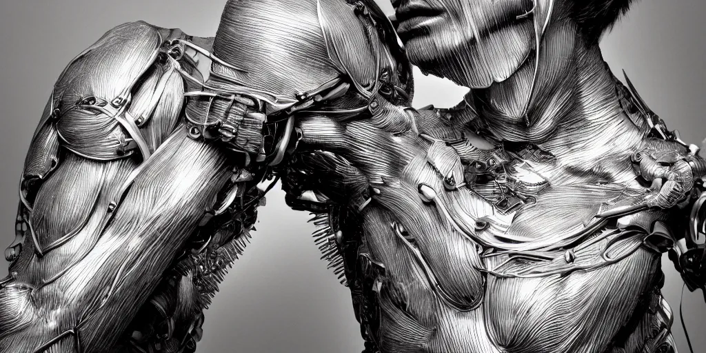 Image similar to hyper realistic photography of a stunningly beautiful cyborg male, plated arm, intimate, chest, holding close, ribbons, in the style of beth cavener, jin kagetsu,, and wlop, highly detailed, intricate filigree, symmetry, masterpiece, award winning, sharp focus, concept art, highkey lighting, ambient lighting, octane render, 8 k, artstation