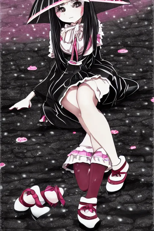 Image similar to A stern girl in Japanese maid's clothes and long stockings sits on the wet pavement in a parking lot in the rain at night. Dark anime drawing in gothic pixiv style.