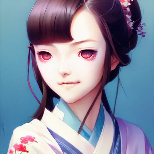 Prompt: smiling super detailed eyes eyebrowless perfec girl in kimono by Stanley Artgerm Lau, Rossdraws, James Jean, Andrei Riabovitchev, Marc Simonetti, and kyoani, krenz cushart, pixiv, manga cover