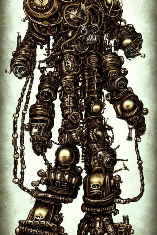 Image similar to wild monstorous anthropomorphic biomechanical bear shaman wearing steampunk artifacts. Have dreadlocks made of cables and wires. Upgraded with hightech cyberwares. huge, big, giant bear human hybrid, mecha animal, tall, very detailed woodcut armor, terrifying and dangerous, scary, beautiful, steampunk monster android hybrid art portrait, matte scifi fantasy painting, half robot half bear. Fullbody, Centered uncut. Full head visinle to the top. Focus on face 50px margins on every side.. DeviantArt Artstation, by Igor Goryunov, featuring Jason Felix, Steve Argyle, Tyler Jacobson and Peter Mohrbacher, cinematic lighting