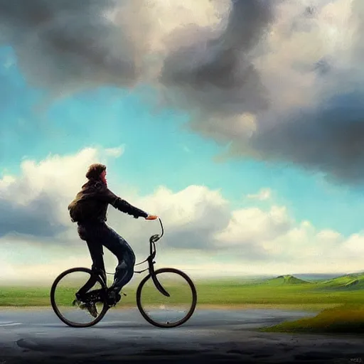 Prompt: A man riding his bicycle through the clouds in the sky, evokes feelings of wonder and amazement, an expressive oil painting by Wes Wilson and Krenz Cushart