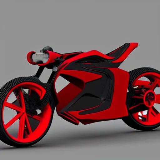 Image similar to detailed design, prototype of next Gen concept red minimalistic motorcycle, Japanese engineering, blade runner style, 3d, photorealism