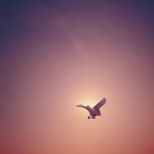 Image similar to Realistic shot of a radiant white dove flying over the clouds at sunset, ethereal, vintage photograph, film grain, surreal, awe-inspiring, highly detailed