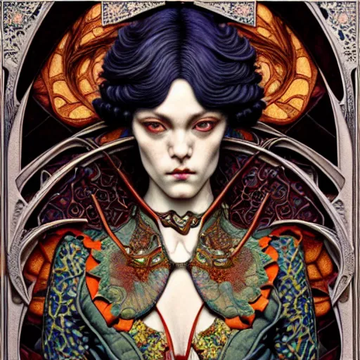 Image similar to tilework of ferets by Chie Yoshii and Casey Weldon and Guillermo del toro, art nouveau , ornate, dynamic, particulate, rich colors, intricate, elegant, highly detailed, centered, artstation, smooth, sharp focus, octane render, 3d