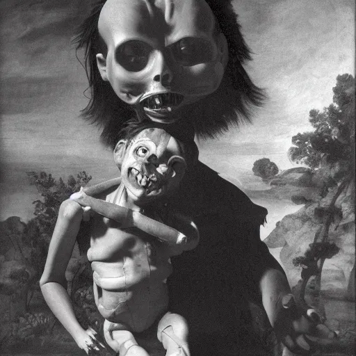 Image similar to a scary ventriloquist dummy by, Eugène Delacroix and Francis Bacon and Micheal Whelan and Michelangelo Merisi da Caravaggio and Franz Xaver Winterhalter