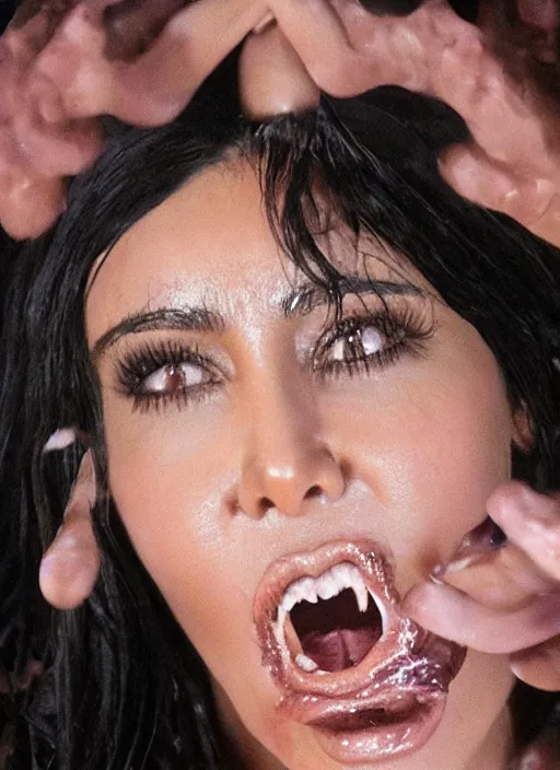 Image similar to film still of kim kardashian being ingested by an xenomorph, alien goo, transparent goo, transparent liquid, saliva, 8 k