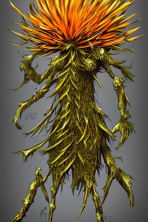 Prompt: a humanoid figure dandelion moss plant monster thistle armour, orange eyes, highly detailed, digital art, sharp focus, trending on art station, anime art style