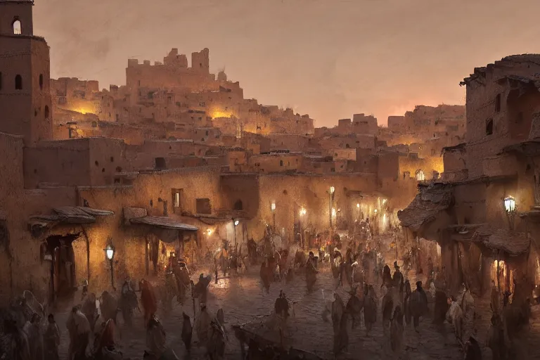 Image similar to in the middle of a adobe house kasbah town, mud and brick houses, merchant street, pueblo architecture, colorful crowd, festival. Scenic view at night, underexposed, clean horizon, matte painting by craig mullins and Anato_Finnstark, dark fantasy, style of game of thrones, concept art trending on artstation, 4k, intricate details