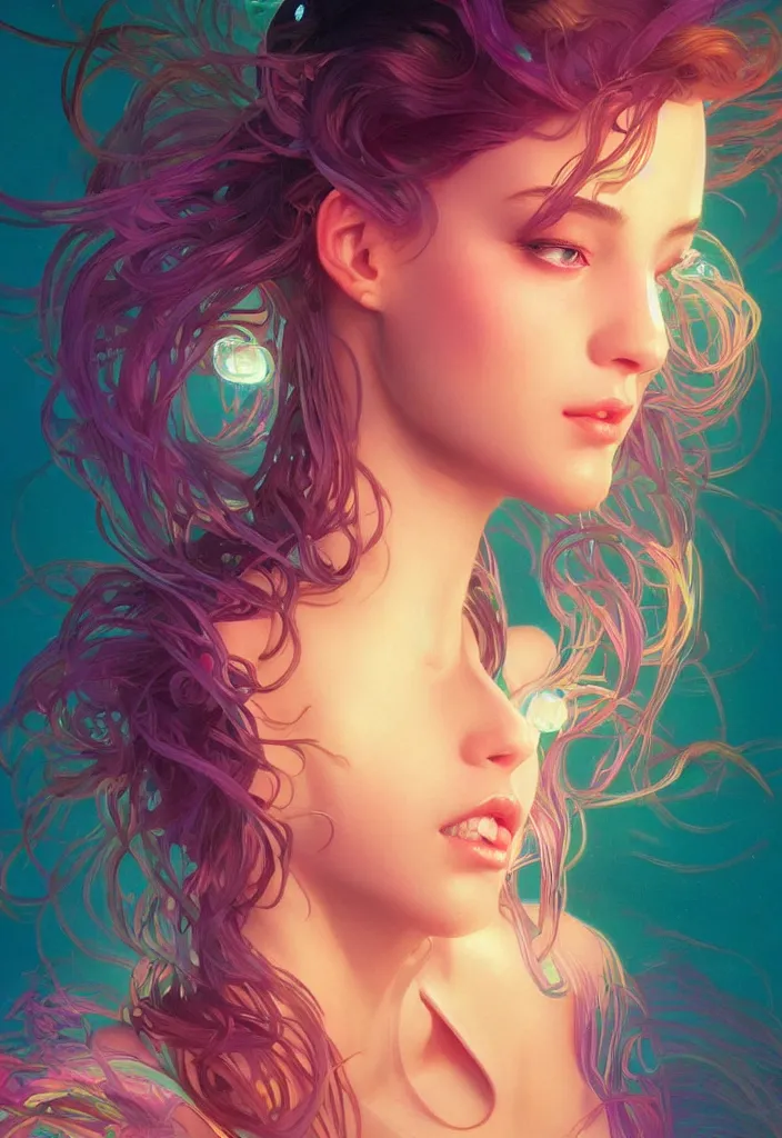 Image similar to beautiful, young woman, detailed gorgeous face, vaporwave aesthetic, synthwave, colorful, psychedelic, artstation, concept art, smooth, extremely sharp detail, finely tuned detail, ultra high definition, 8 k, unreal engine 5, ultra sharp focus, illustration, art by artgerm, greg rutkowski and alphonse mucha