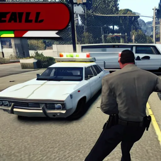 Image similar to GTA V arnold schwarzenegger screenshot stealing a cop car