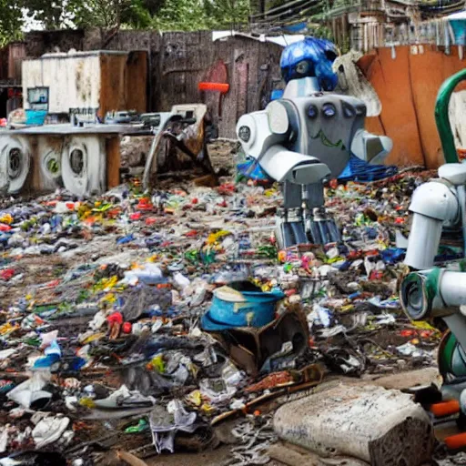 Prompt: a realistic photo of a latin american recycler making a robot with materials of the retro garbage left by people from their daily consumption, dystopic and utopic conceptual art