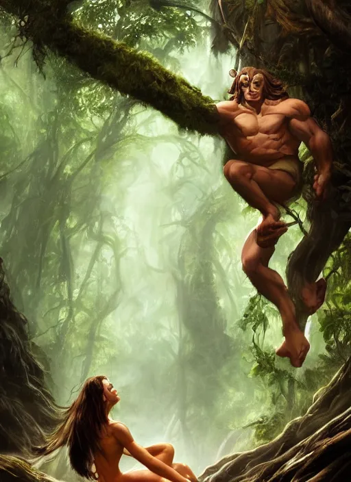 Image similar to A beautiful digital painting of tarzan in the mirkwood forrest looking at the camera by Stanley Artgerm Lau, frank frazetta, Rossdraws, James Jean, gerald brom, Andrei Riabovitchev, Marc Simonetti, and Sakimichan, trending on artstation