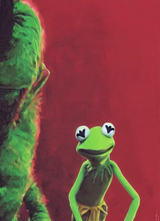 Image similar to portrait of Kermit the frog in Suspiria (1977), highly detailed, centered, solid color background, digital painting, artstation, concept art, smooth, sharp focus, illustration, Jason Edmiston, donato giancola, Joseph Christian Leyendecker, Les Edwards, Ed Repka, WLOP, Artgerm