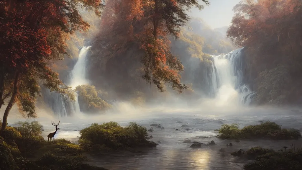 Image similar to the most beautiful panoramic landscape, oil painting, where a giant dreamy waterfall creates a river, the trees around are starting to bloom in a great variety of colors, a majestic deer is drinking water from the river and a ray light of the sunrise is brightening him, there is fog by greg rutkowski