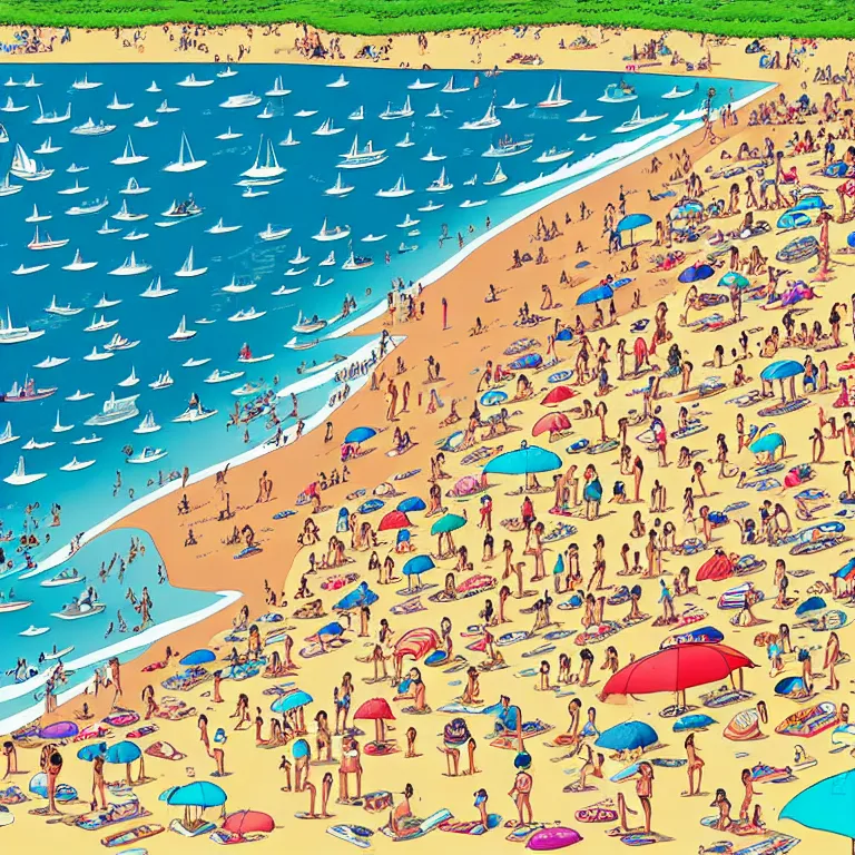 Prompt: high detailed full page spread from the where's waldo at a densely populated beach, high angle medium wide, waldo in the top right of frame, high detail illustration, coherent