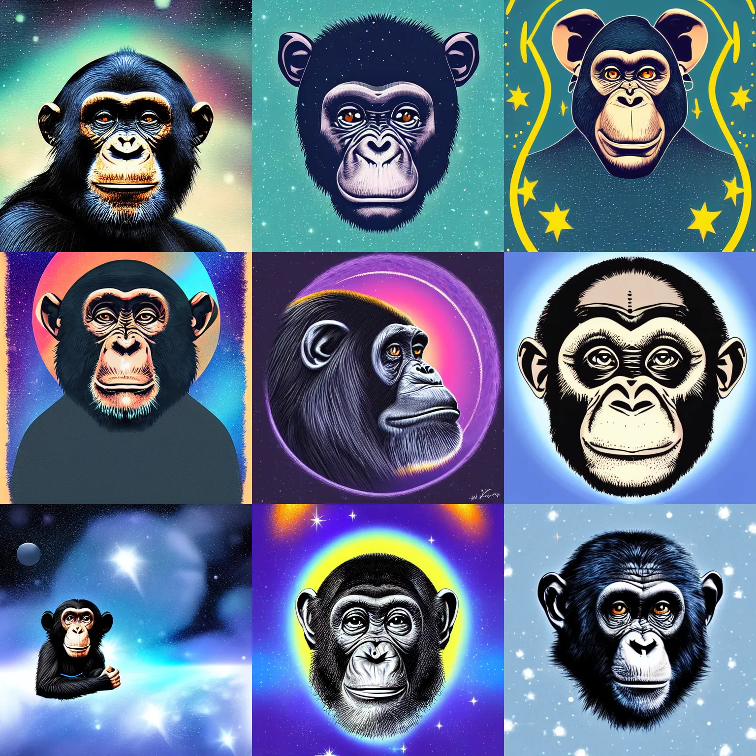 Prompt: portrait of chimpanzee in space, stars in the background, dark blue background, digital art