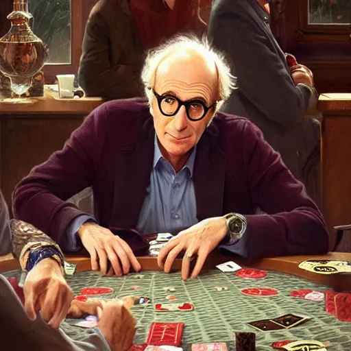 Image similar to larry david playing poker with woody allen, elegant, intricate, digital painting, artstation, concept art, smooth, sharp focus, illustration, art by artgerm and greg rutkowski and alphonse mucha