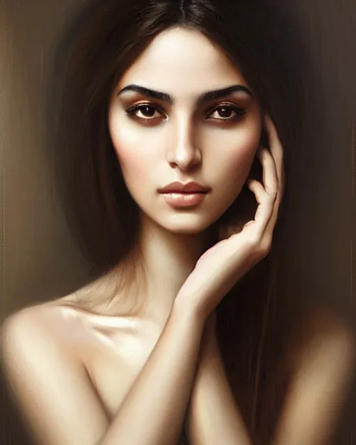 Image similar to a highly realistic, true to life portrait of a beautiful young middle eastern girl, soft focus, from the waist up, with sharp features, a beautiful face, soft smile, under studio lighting, taken with a canon eos camera with 1 3 5 mm focal length, art by karol bak, james jean, tom bagshaw, trending on artstation,