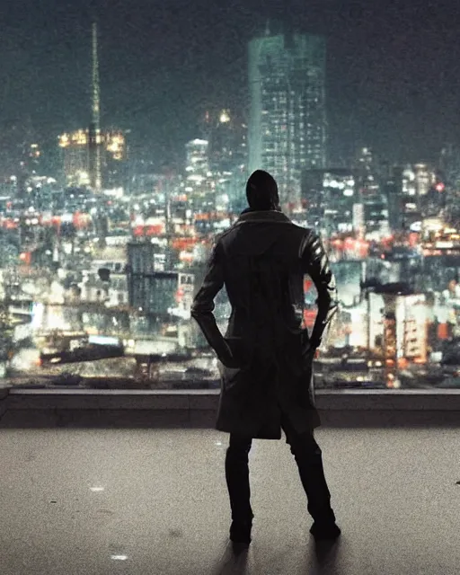 Prompt: a night rooftop scene, light from traffic in the city below, close up shot of a gangster wearing a streetwear trench coat looking at the city below, realistic shading, cinematic composition, realistic render, in the style of Liam Wong and Makoto Shinkai