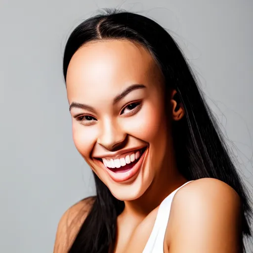 Prompt: forehead visible, beautiful smile with pretty teeth, black eye shadow, realistic natural lighting, caucasian