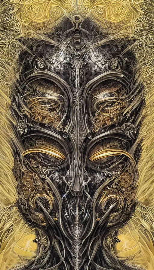 Image similar to ancient biomechanical hybrid majestic praying shaman fantasy cyber human beautiful symmetrical face mask closeup face mask tattoo pattern golden ratio concept, deep forest psytrance Neo-Gothic concept, infinity glyph swirling waves, intricate artwork masterpiece, very coherent artwork, cinematic, full frontal facial features by Artgerm, Takato Yamamoto, Zdizslaw Beksinski, Johnatan Wayshak, Moebius, H.R. Giger, Ayami Kojima, very coherent artwork, trending on cgsociety, ultra high quality model, production quality cinema model, high detail chromatic ink outline, octane render, unreal engine, 8k mandelbulber fractal, hyper realism, high detail, octane render, unreal engine, 8k, High contrast, highly detailed black ink outline