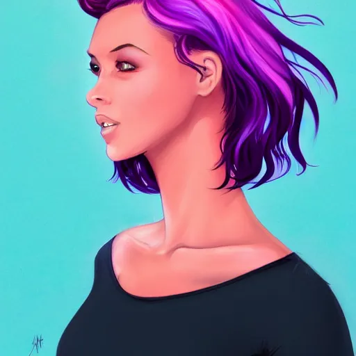 Image similar to a stunning upper body portrait of a beautiful woman with ombre hairstyle in purple and pink blowing in the wind by marvel comics, digital art, trending on artstation