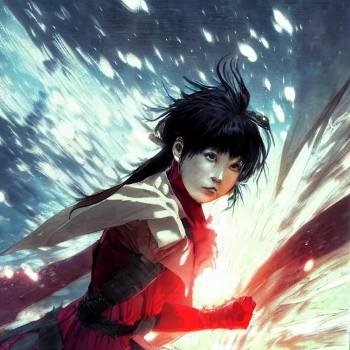 Prompt: Young Nakamura Aya as a superhero, dramatic scene, manga panel, 8k, art by Akihiko Yoshida and Greg Rutkowski