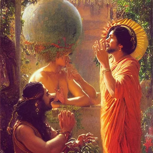 Prompt: 8 0 s srilankan old cunning man worshipping woman as false prophet prophet, painting by gaston bussiere, craig mullins, j. c. leyendecker, lights, art by ernst haeckel, john william godward, hammershøi,,